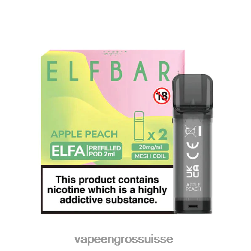 E Liquide Suisse - pêche aux pommes 82F242325 ELFBAR Elfa dosette préremplie - 2 ml - 20 mg (paquet de 2)