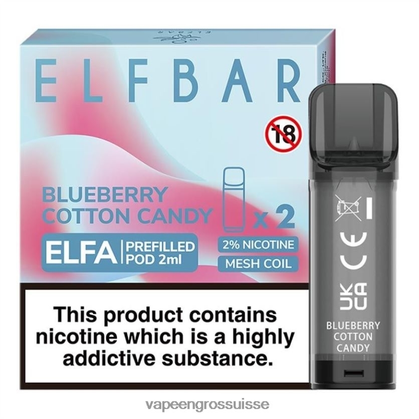 Vape En Gros Suisse - barbe à papa aux bleuets 82F242331 ELFBAR Elfa dosette préremplie - 2 ml - 20 mg (paquet de 2)