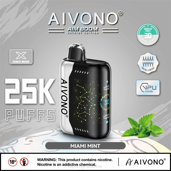 Vape Jetable Suisse - Aivono AIM BOOM 25000 menthe de Miami 446J349