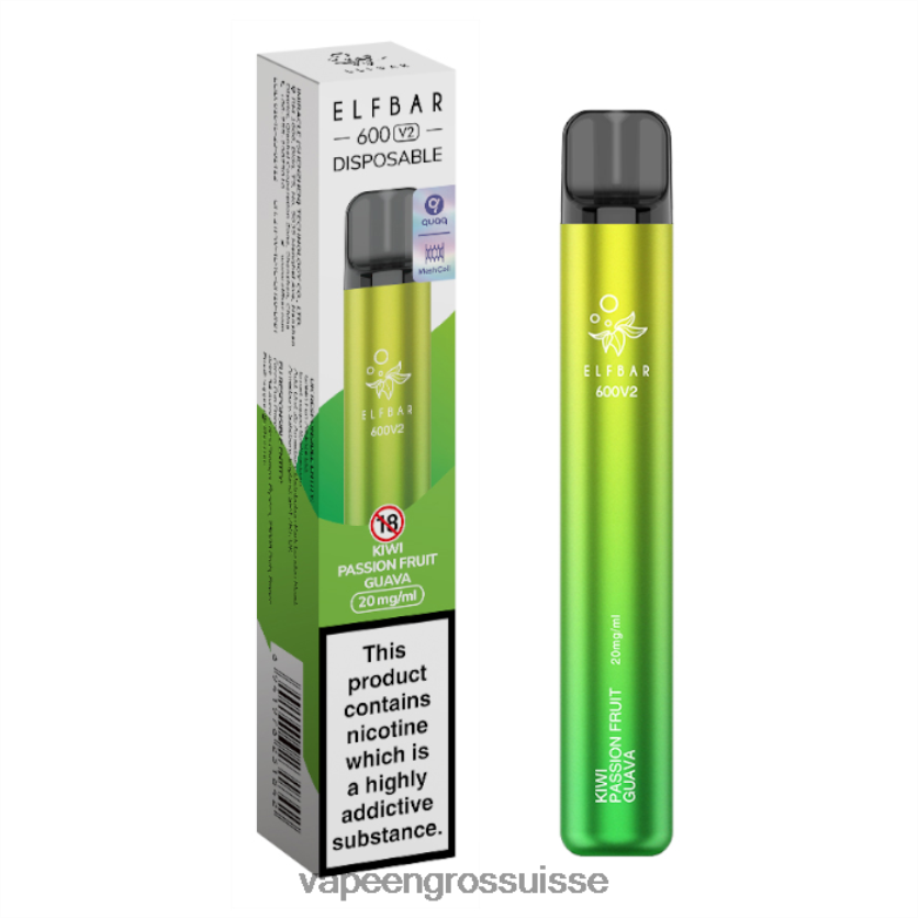 Vapotage Suisse - kiwi fruit de la passion goyave 82F242286 ELFBAR 600V2 20mg