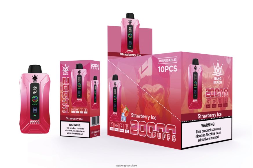 E Liquide Suisse - Bang Beach Vape à écran intelligent de 20 000 bouffées glace à la fraise F4426H6
