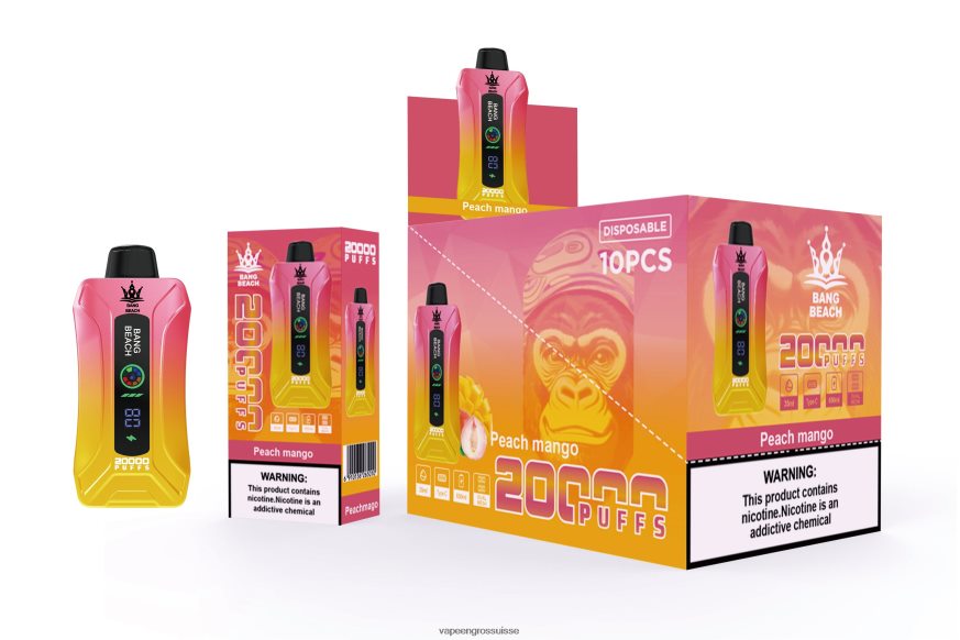 Vape Genève - Bang Beach Vape à écran intelligent de 20 000 bouffées pêche mangue F4426H2