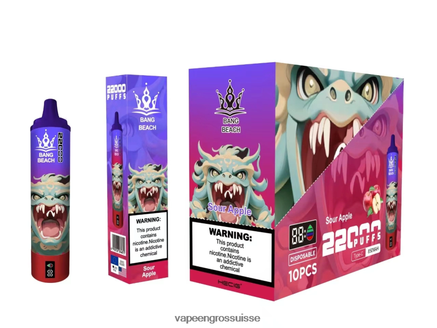 Vape Jetable Suisse - Bang Beach Écran intelligent de 22 000 bouffées pomme aigre F4426H13
