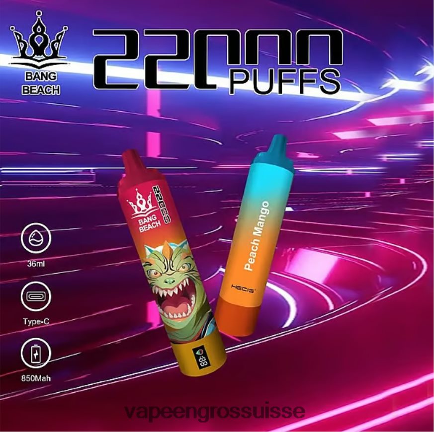 Vape Suisse Pas Cher - Bang Beach Écran intelligent de 22 000 bouffées pêche mangue F4426H24
