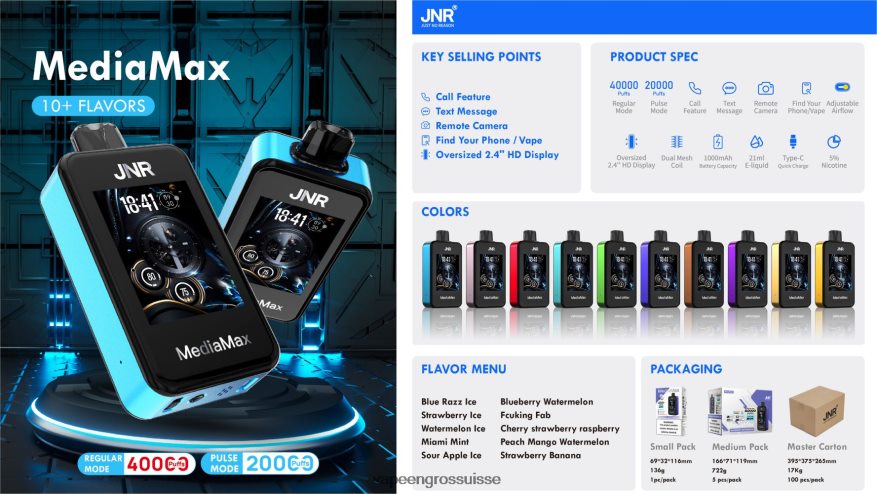 E Liquide Suisse - JNR MediaMax 40 000 bouffées 2X4J6D19 menthe de Miami